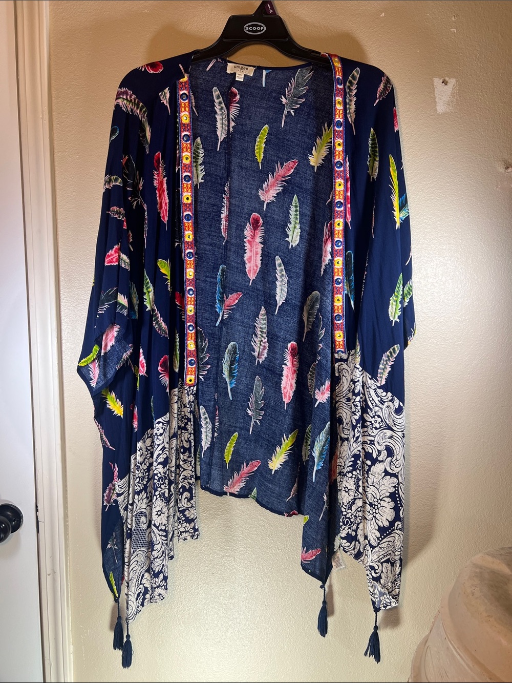 Umgee Navy Feather Print Top with Colorful Feathers